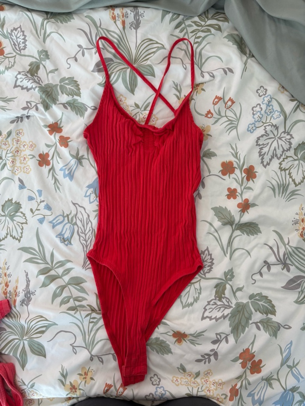 Zara Red Ribbed Cross-Back One-Piece Bodysuit